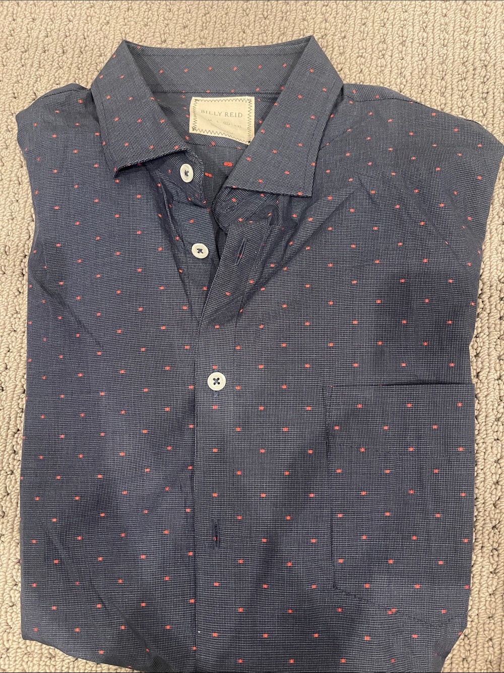 Billy Reid Navy Button-Down Shirt with Red Dot Print